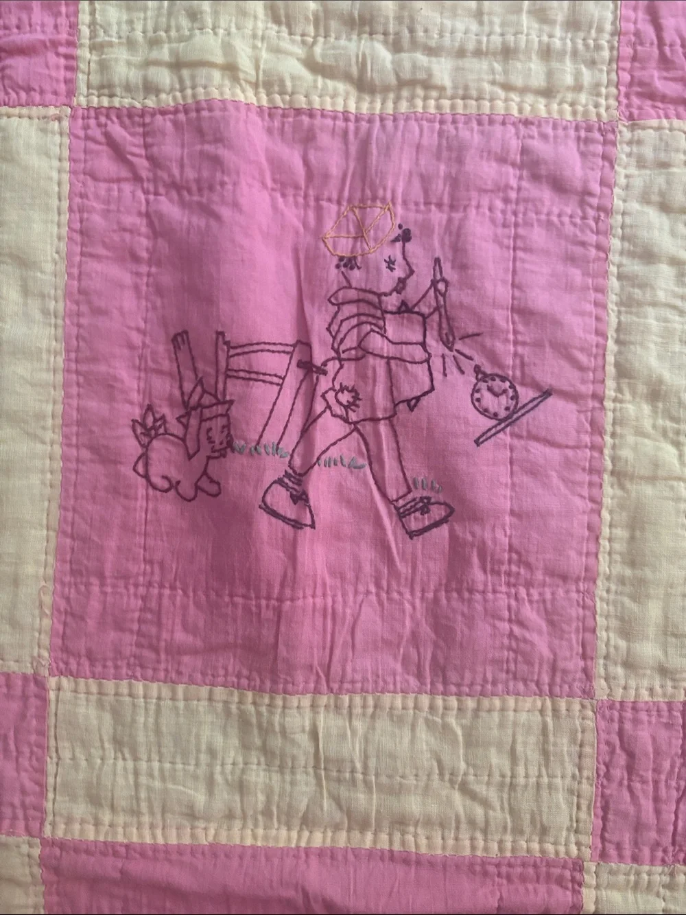 Vintage Pink and Yellow Patchwork Baby Quilt with Embroidered Design